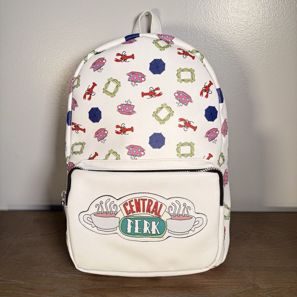 Friends Backpack TV Show White Faux Leather Central Perk Coffee Lobster Print